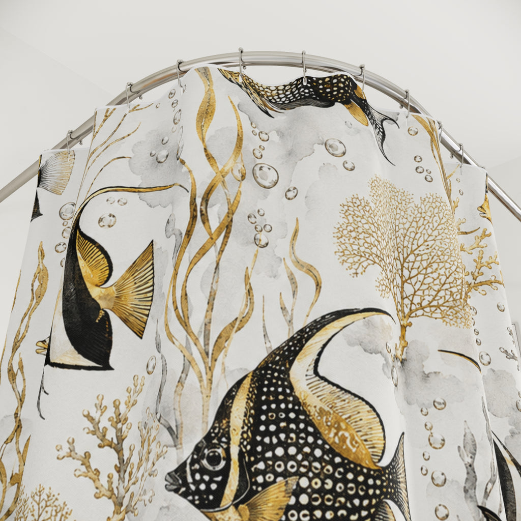 Tropical Angelfish Shower Curtain — Gold & Black Coastal Bathroom Decor