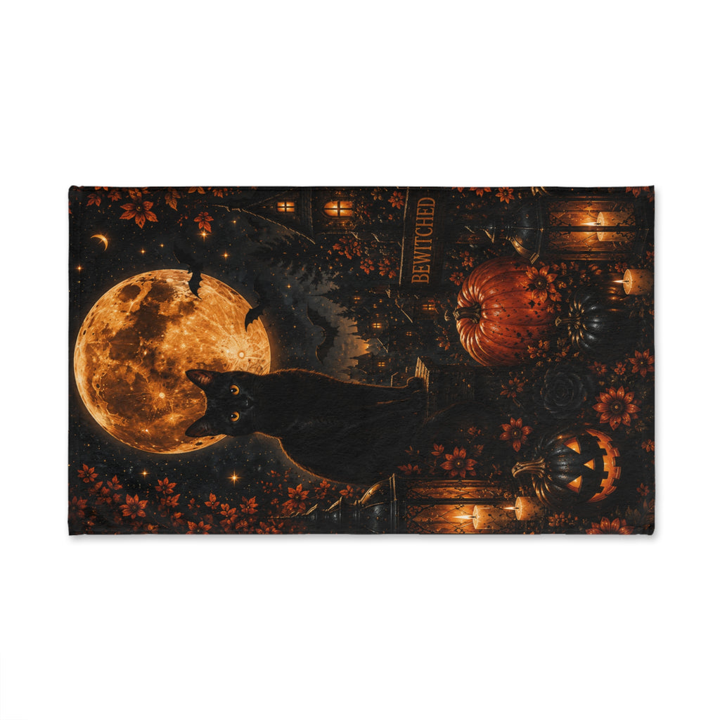 Midnight Halloween Hand Towel | Black Cat Full Moon Gothic Bath Decor