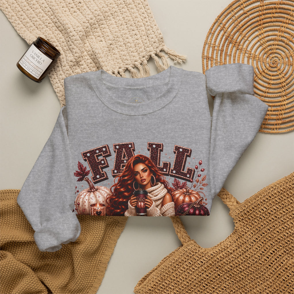 Fall Pumpkin Season Crewneck Sweatshirt — Autumn Girl & Pumpkin Graphic