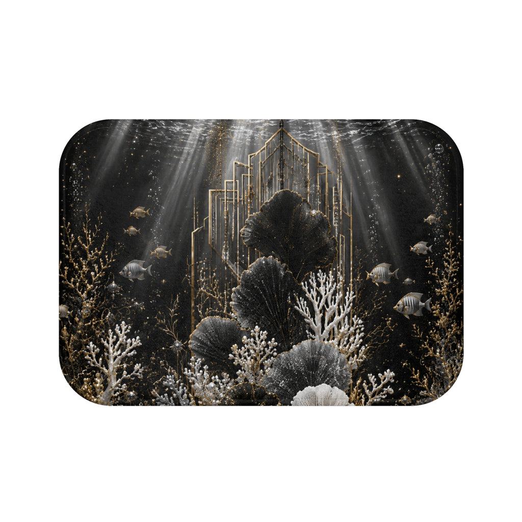 Underwater Art Deco Bath Mat — Gold & Black Coral Reef Design