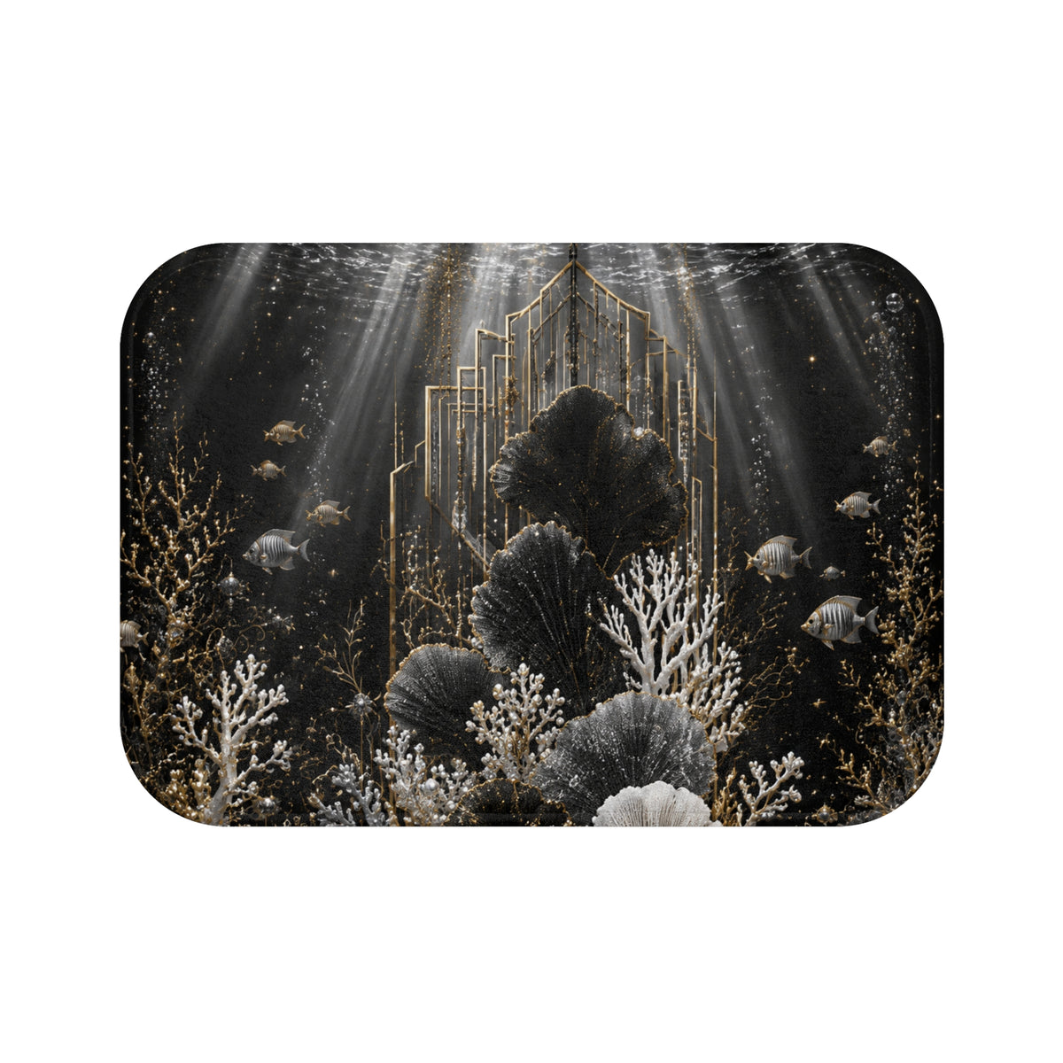 Underwater Art Deco Bath Mat — Gold & Black Coral Reef Design