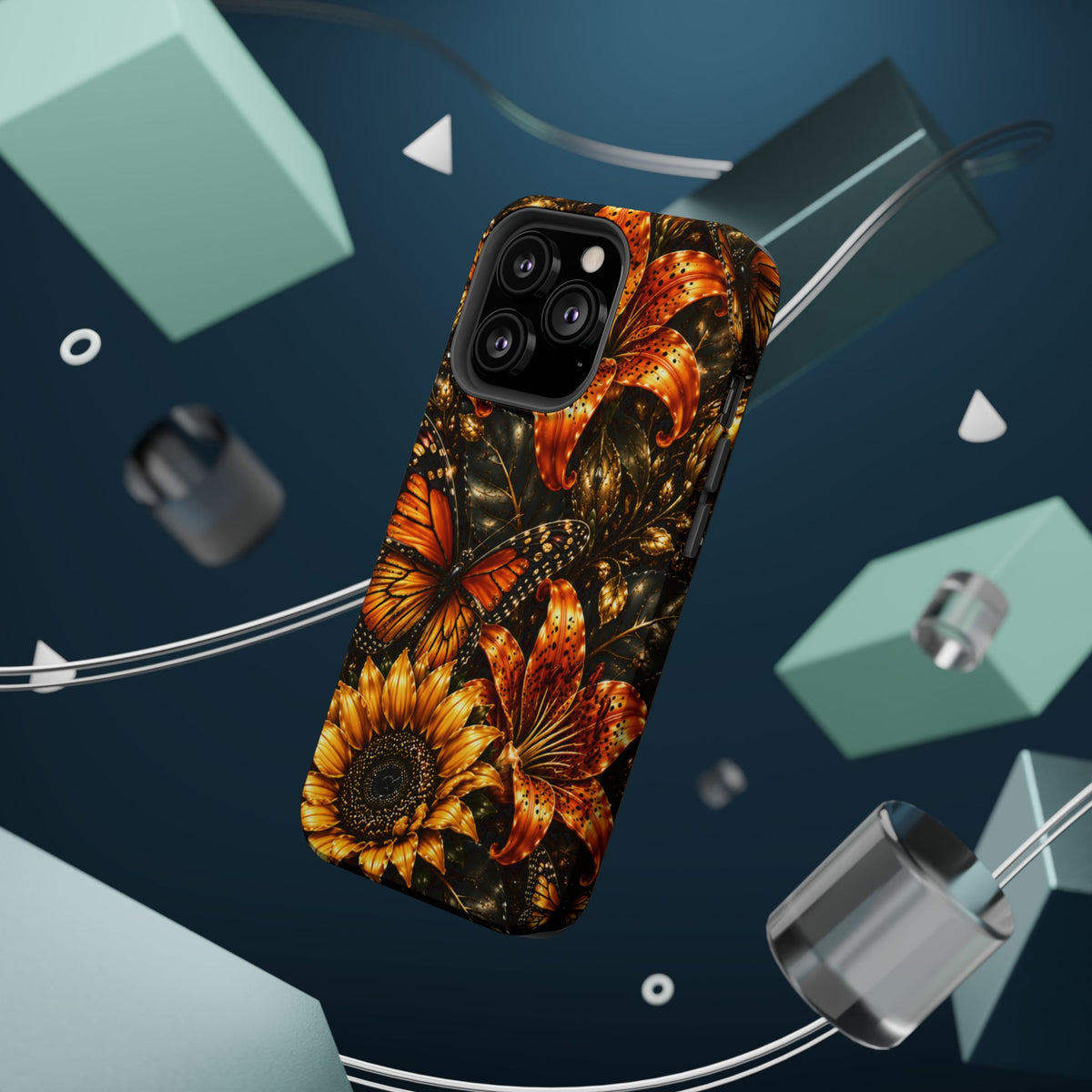 Floral Monarch Phone Case — Orange Sunflower & Butterfly Magnetic Impact-Resistant Case
