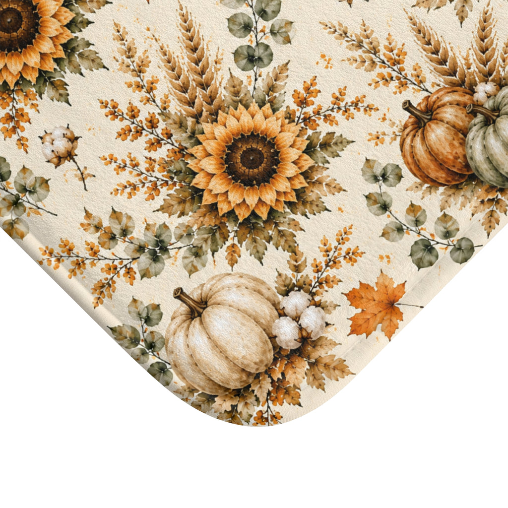 Autumn Harvest Bath Mat | Watercolor Pumpkin Sunflower Fall Bathroom Decor