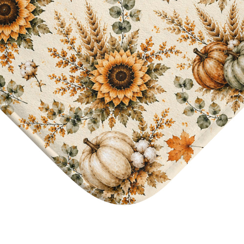 Autumn Harvest Bath Mat | Watercolor Pumpkin Sunflower Fall Bathroom Decor