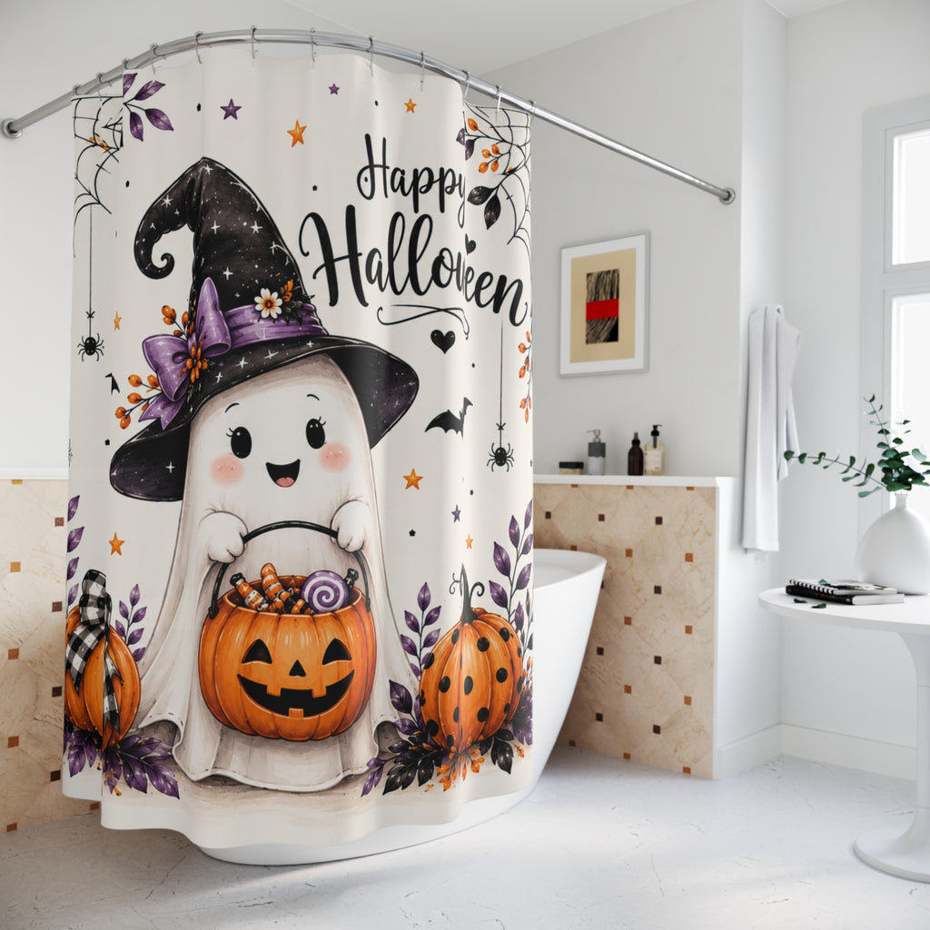 Happy Halloween Cute Ghost Shower Curtain | Halloween Bathroom Decor