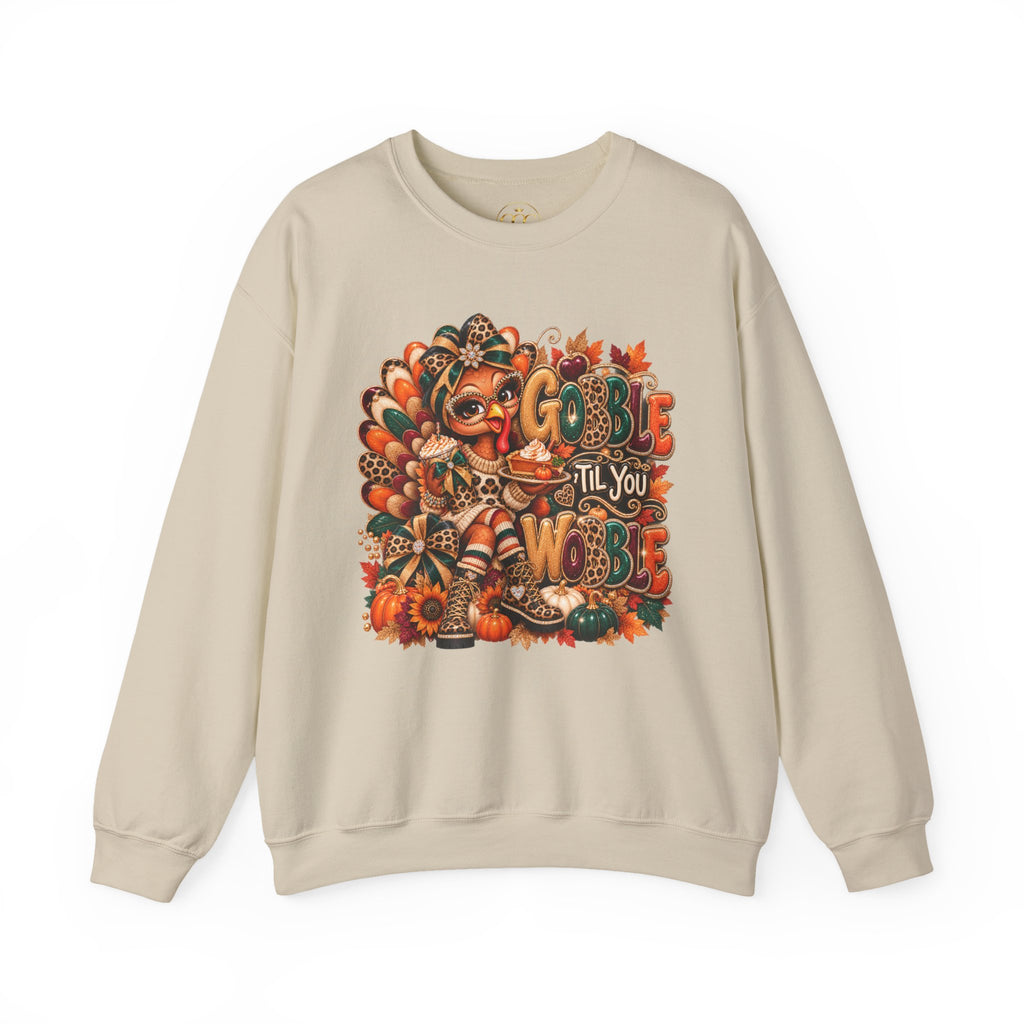 Thanksgiving Crewneck Sweatshirt – Cute Turkey "Gobble Til You Wobble" Fall Pullover