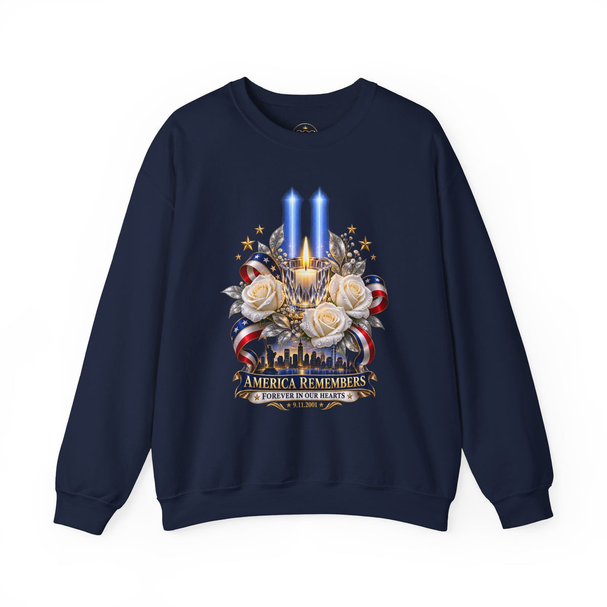 Womens — "America Remembers" 9/11 Tribute Design with Twin Beams & White Roses