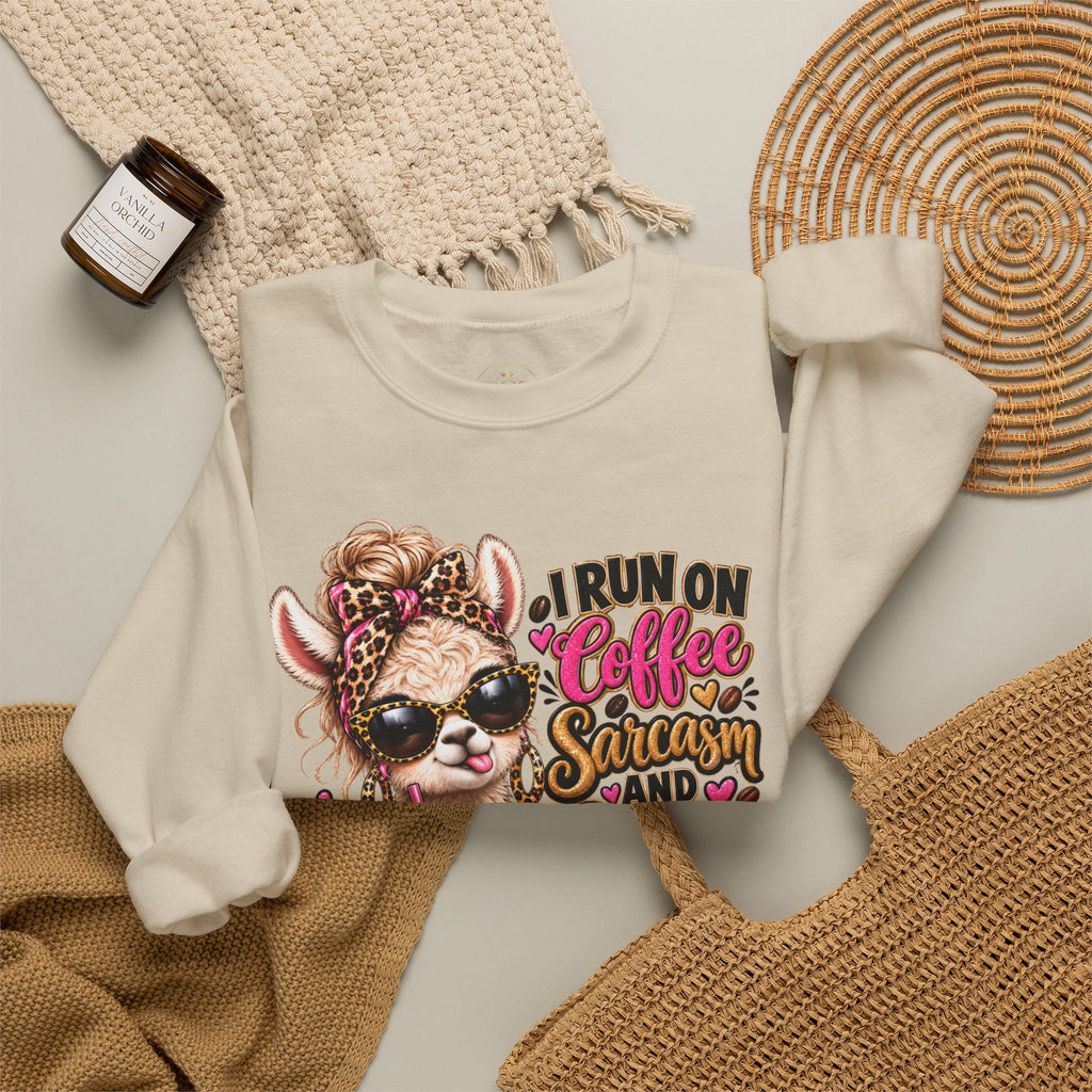 I Run on Coffee, Sarcasm & Big Plans Sweatshirt – Funny Coffee Llama Crewneck