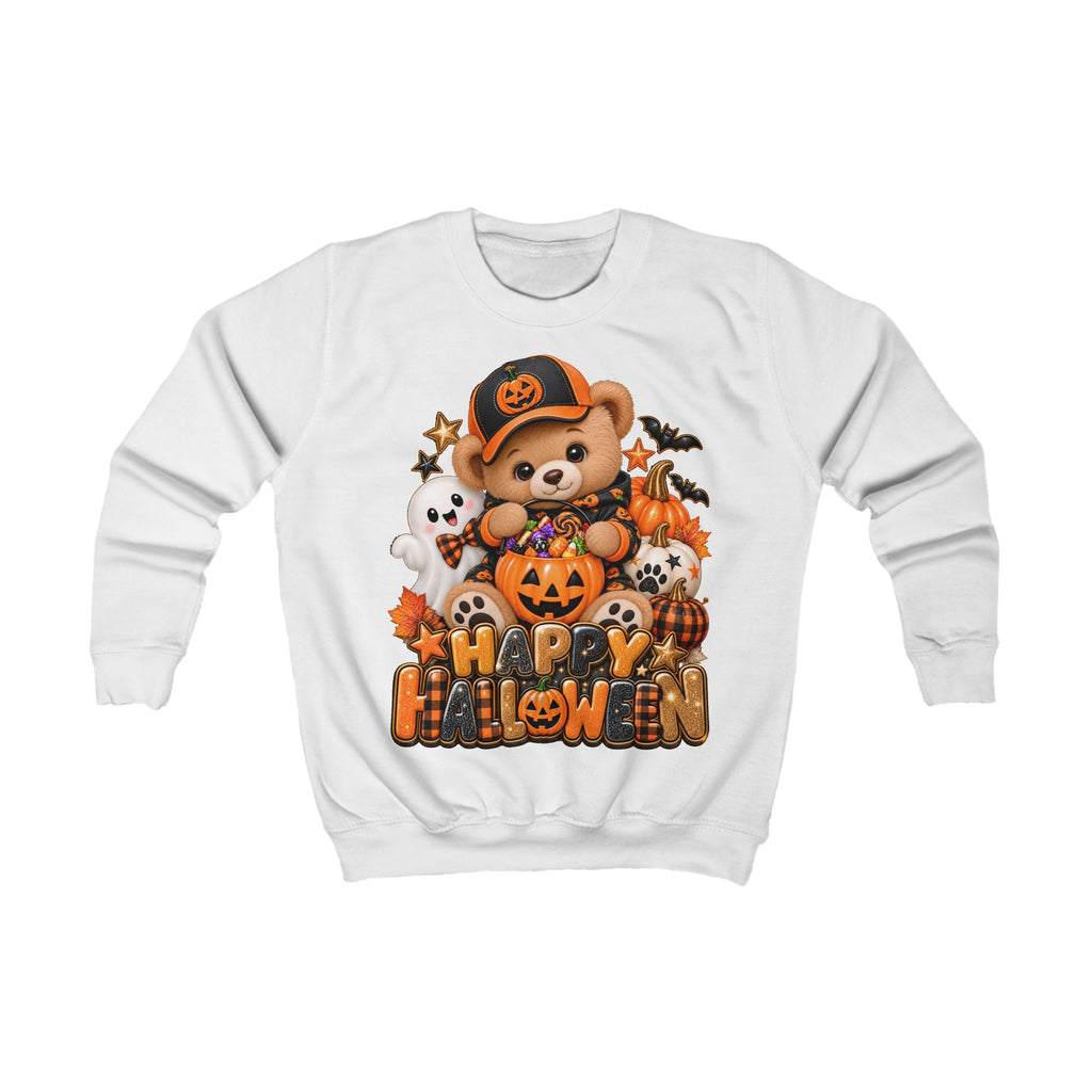 Happy Halloween Kids Sweatshirt | Cute Teddy Bear Ghost Pumpkin Graphic