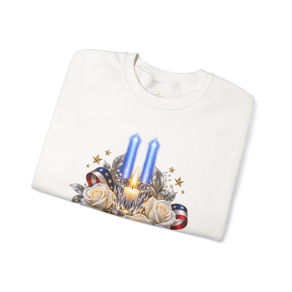Womens — "America Remembers" 9/11 Tribute Design with Twin Beams & White Roses