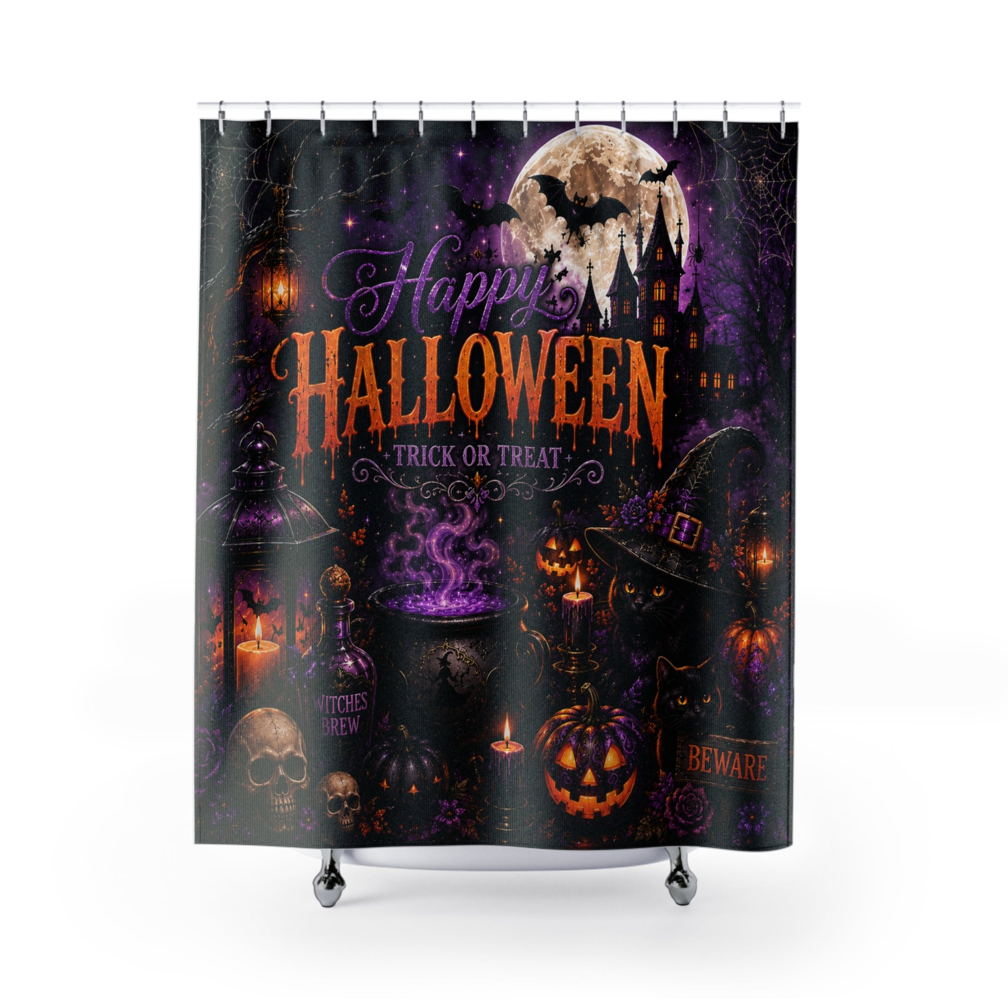 Happy Halloween Trick or Treat Shower Curtain | Dark Gothic Halloween Bathroom Decor