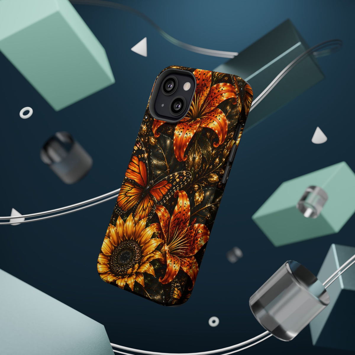 Floral Monarch Phone Case — Orange Sunflower & Butterfly Magnetic Impact-Resistant Case