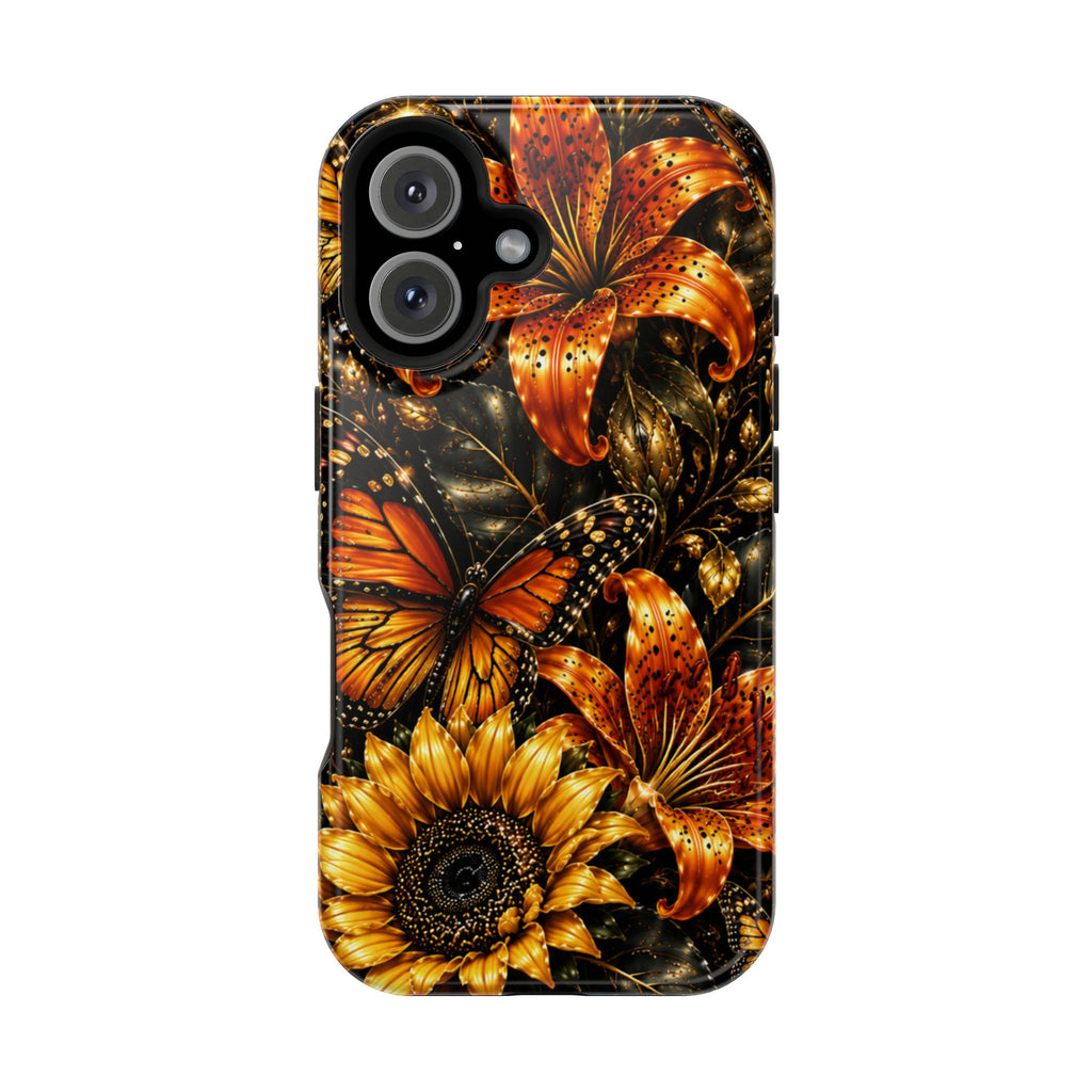 Floral Monarch Phone Case — Orange Sunflower & Butterfly Magnetic Impact-Resistant Case