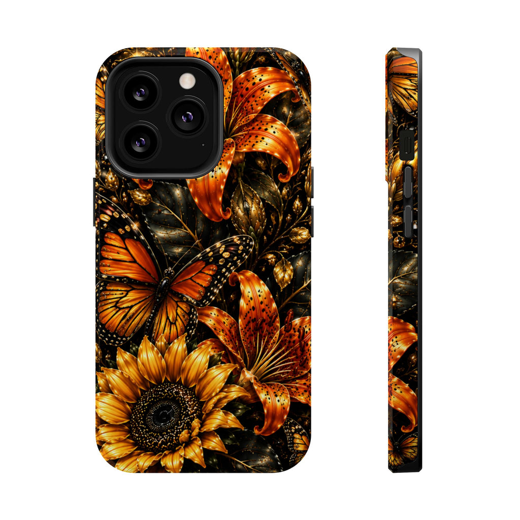Floral Monarch Phone Case — Orange Sunflower & Butterfly Magnetic Impact-Resistant Case