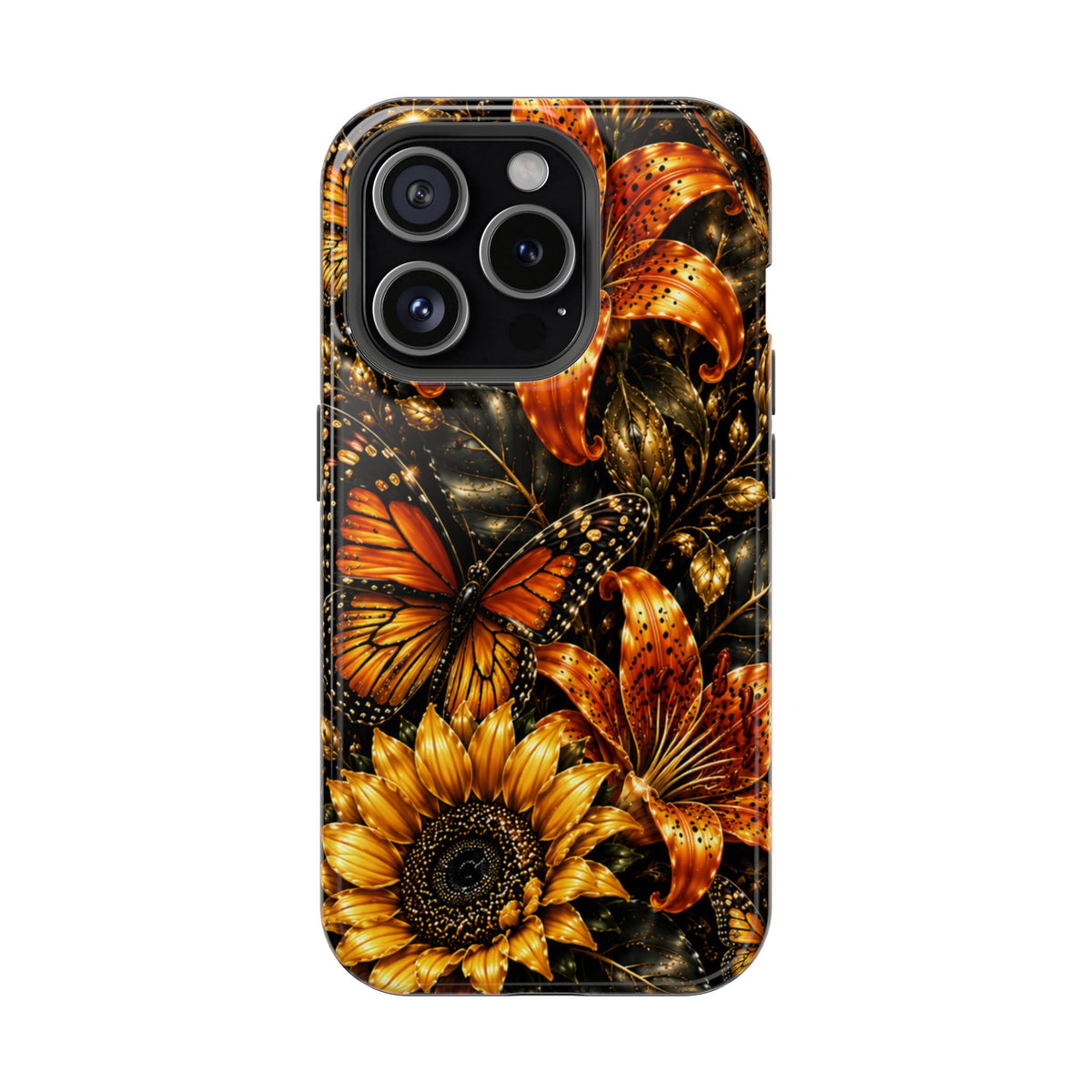 Floral Monarch Phone Case — Orange Sunflower & Butterfly Magnetic Impact-Resistant Case
