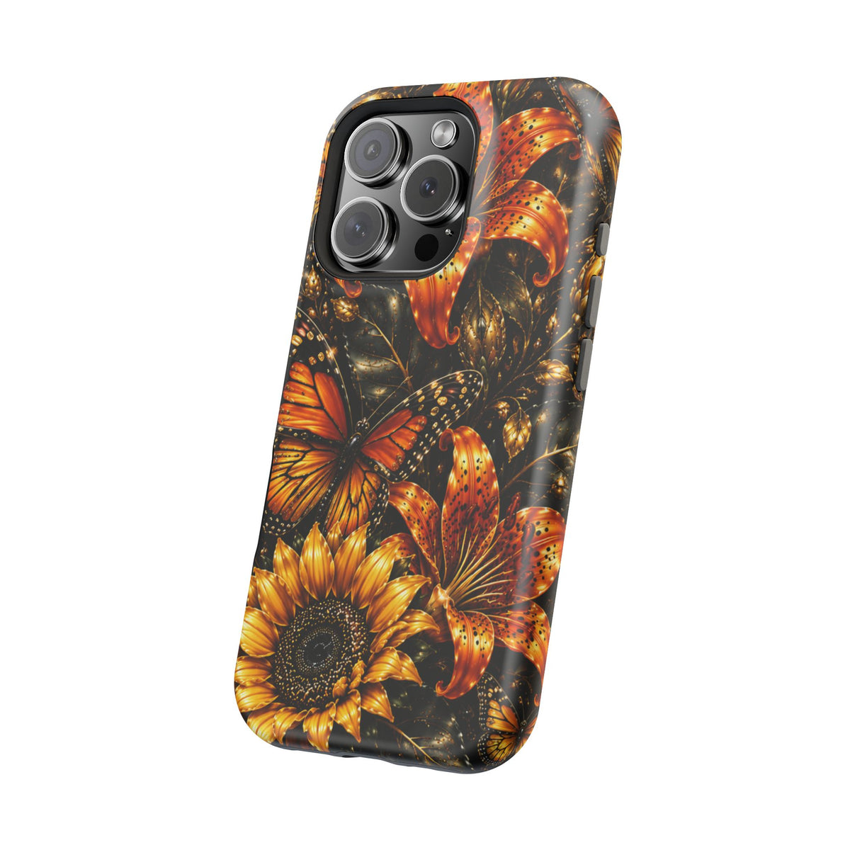 Floral Monarch Phone Case — Orange Sunflower & Butterfly Magnetic Impact-Resistant Case