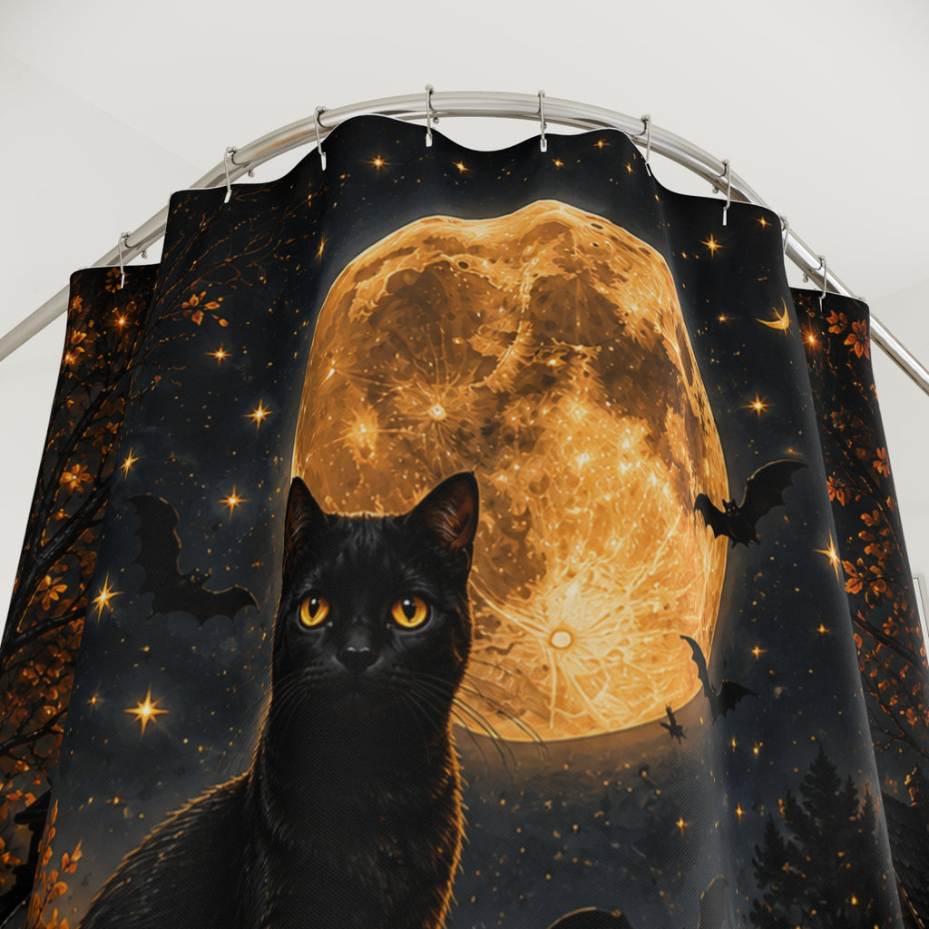 Midnight Halloween Shower Curtain | Black Cat Full Moon Gothic Bath Decor