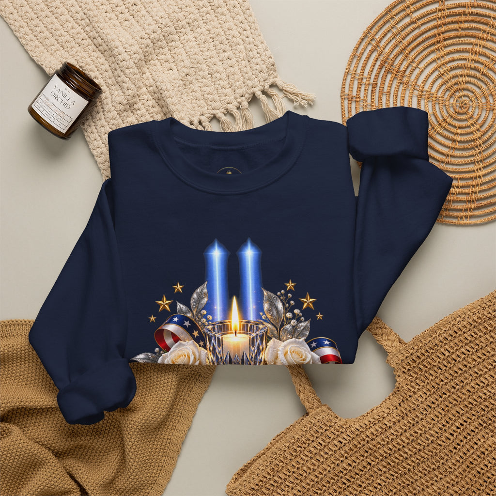 Womens — "America Remembers" 9/11 Tribute Design with Twin Beams & White Roses
