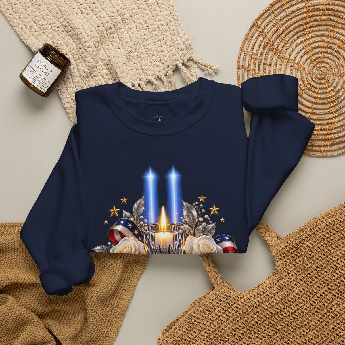 Womens — "America Remembers" 9/11 Tribute Design with Twin Beams & White Roses