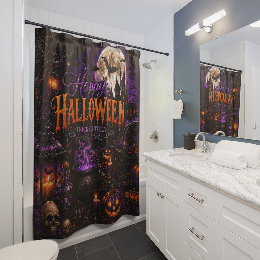 Happy Halloween Trick or Treat Shower Curtain | Dark Gothic Halloween Bathroom Decor
