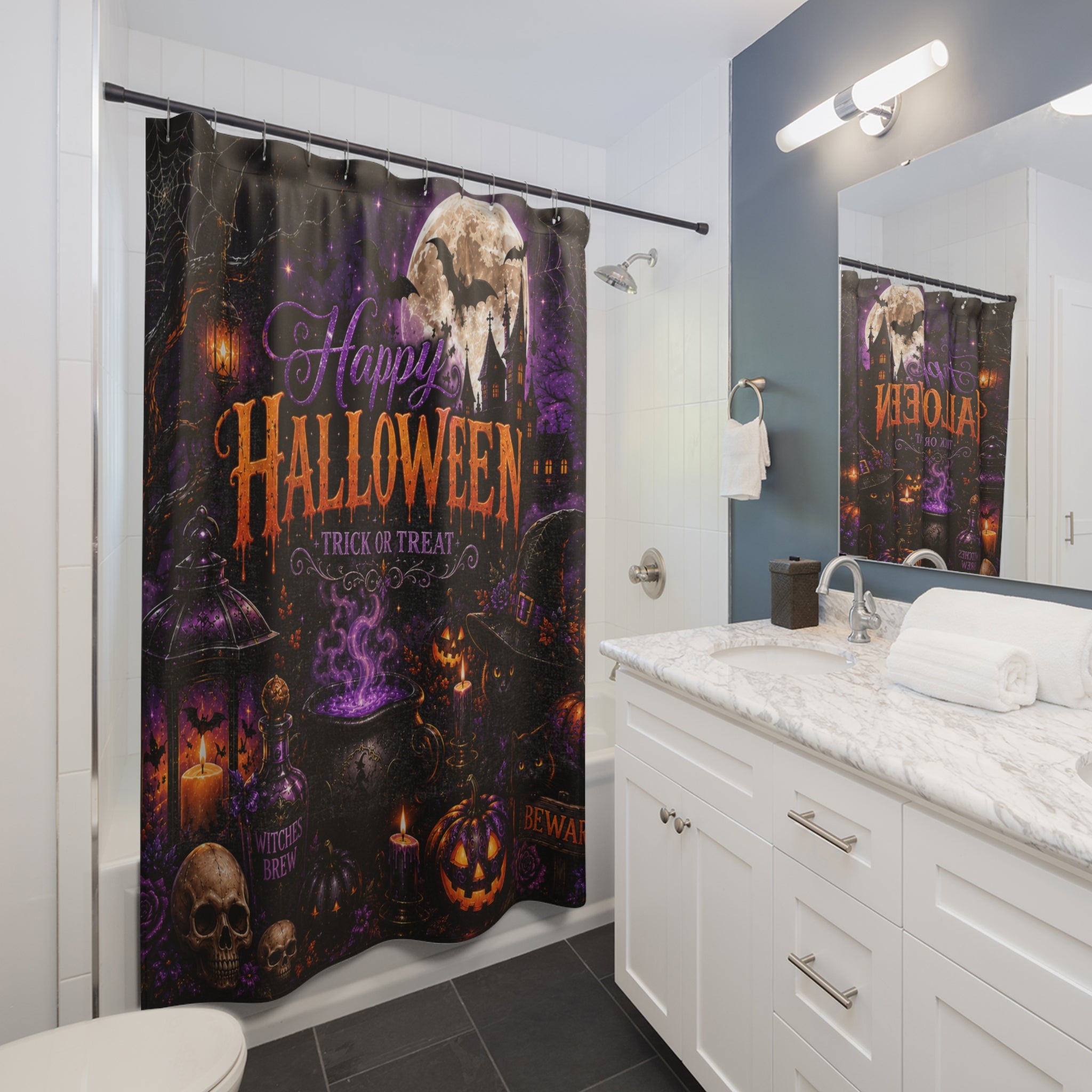 Happy Halloween Trick or Treat Shower Curtain | Dark Gothic Halloween Bathroom Decor
