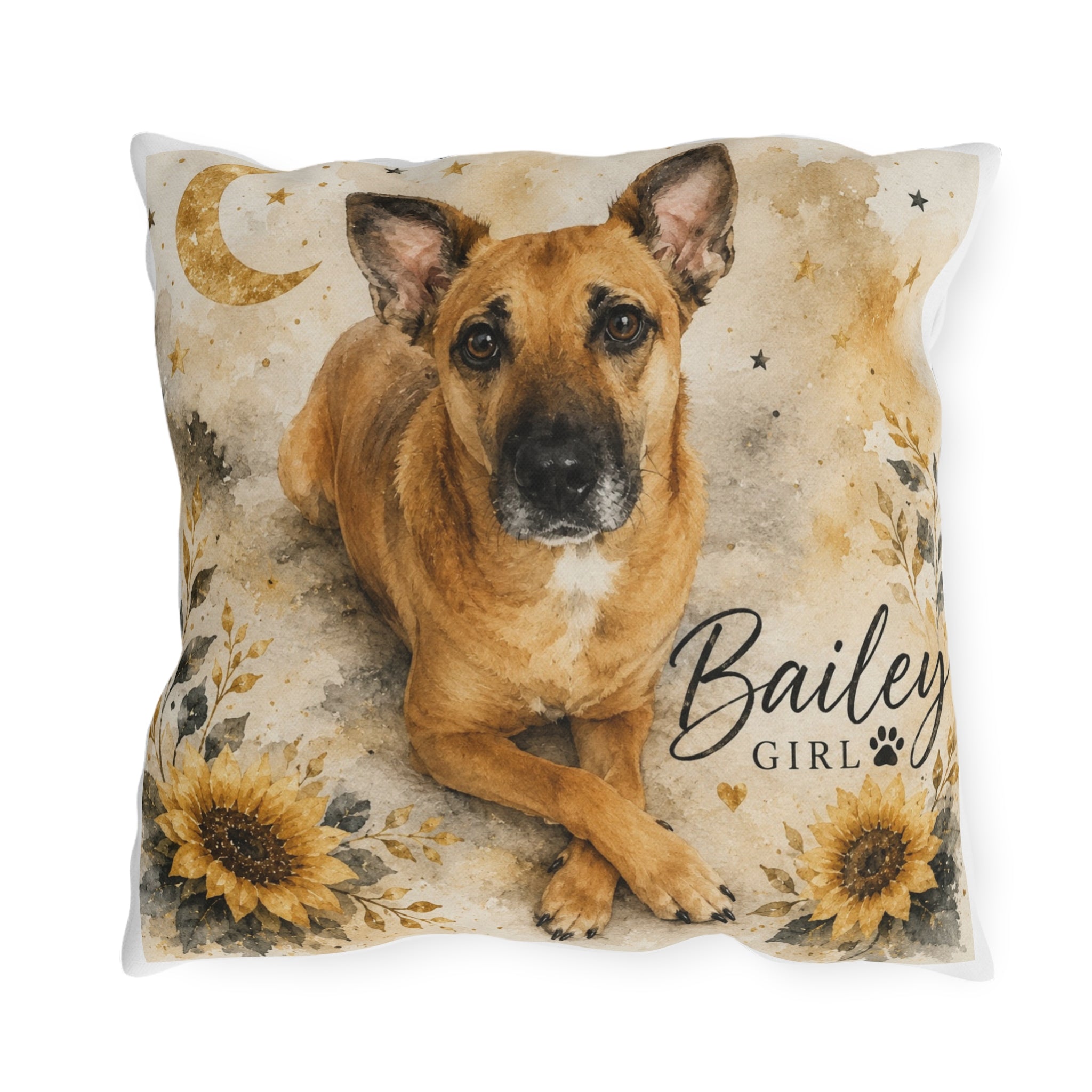 Personalized Dog Photo Outdoor Pillow — 'Bailey Girl' Sunflower Moon Accent