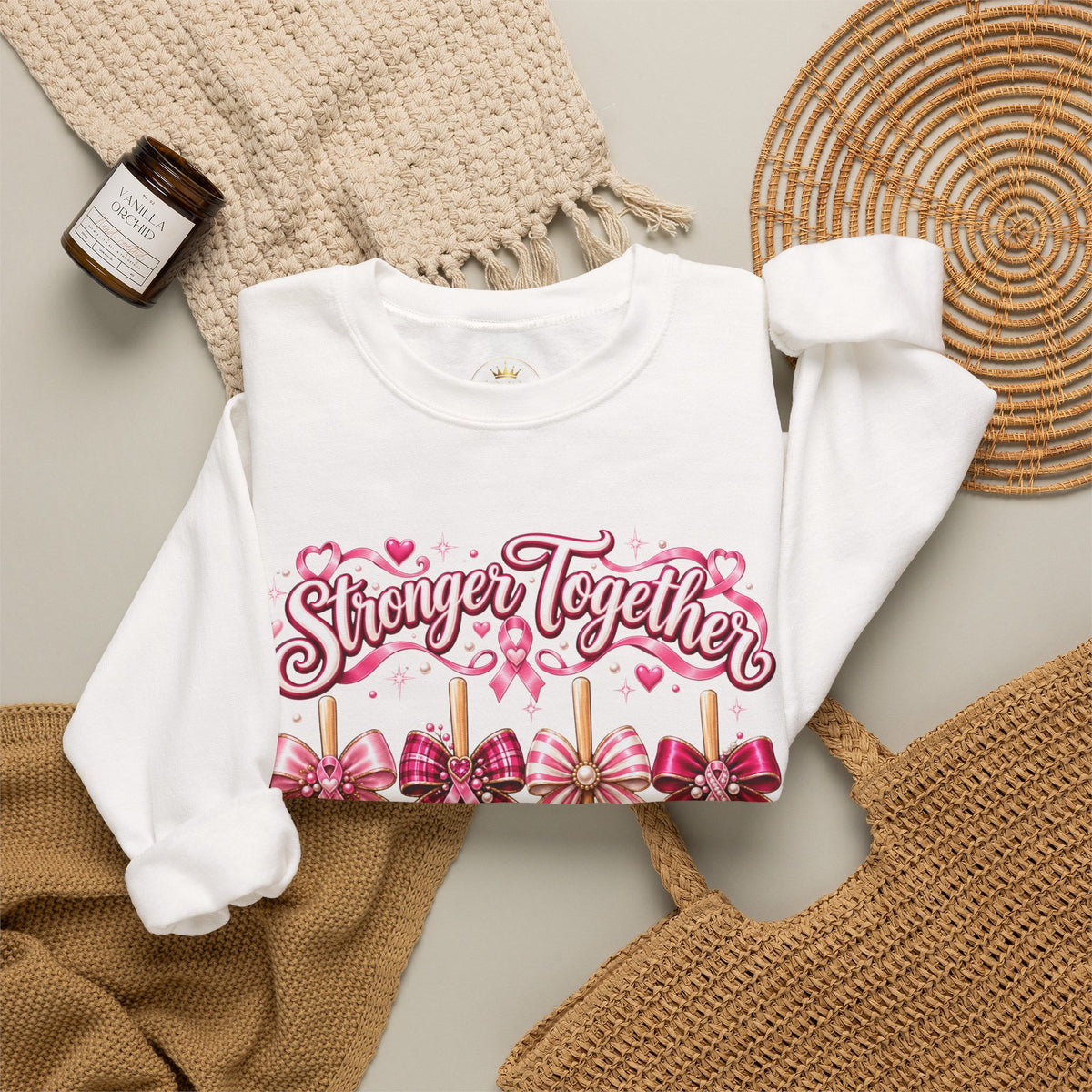 Stronger Together Sweatshirt – Pink Ribbon Candy Hearts Crewneck