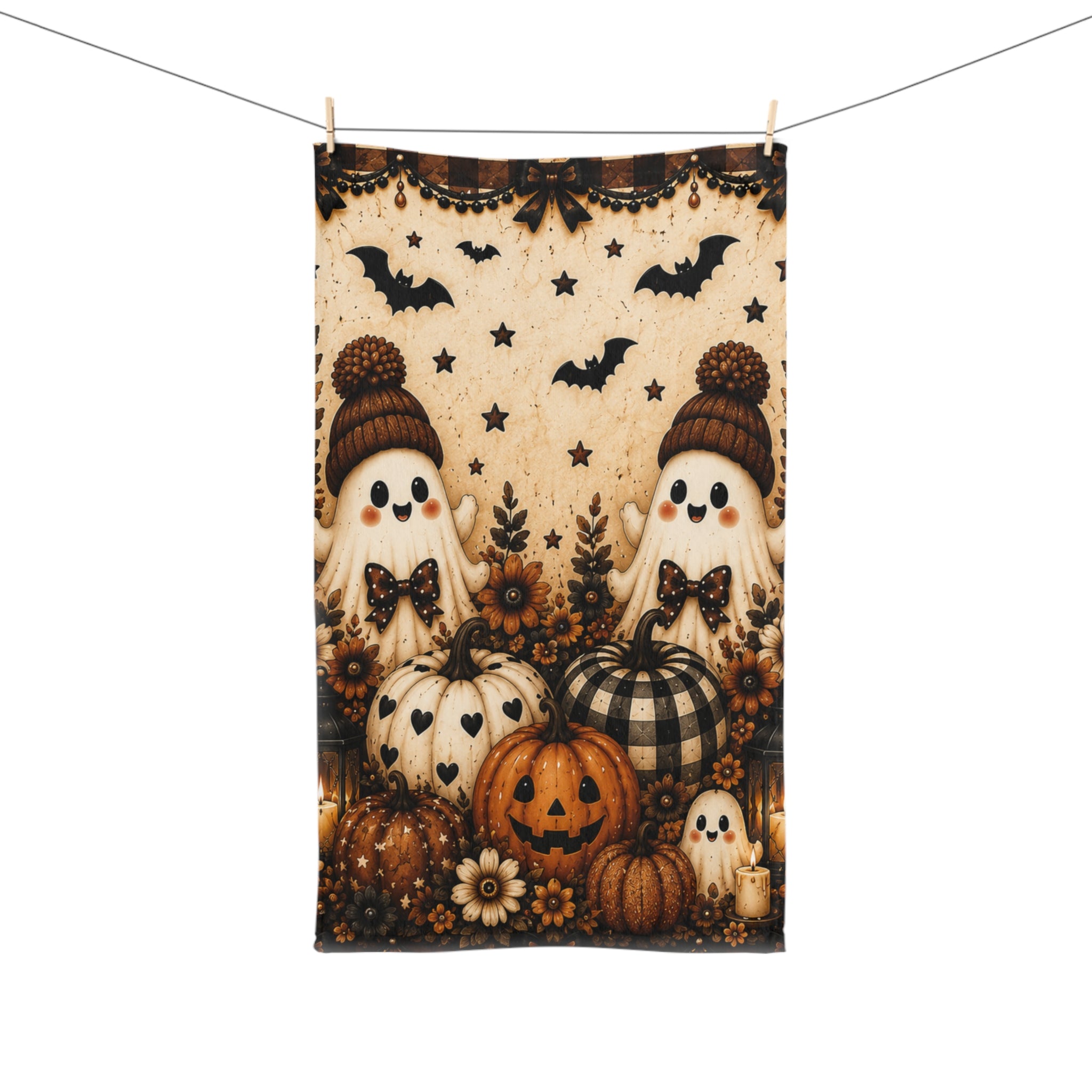 Hey There Boo Hand Towel | Rustic Plaid Halloween Bathroom Decor