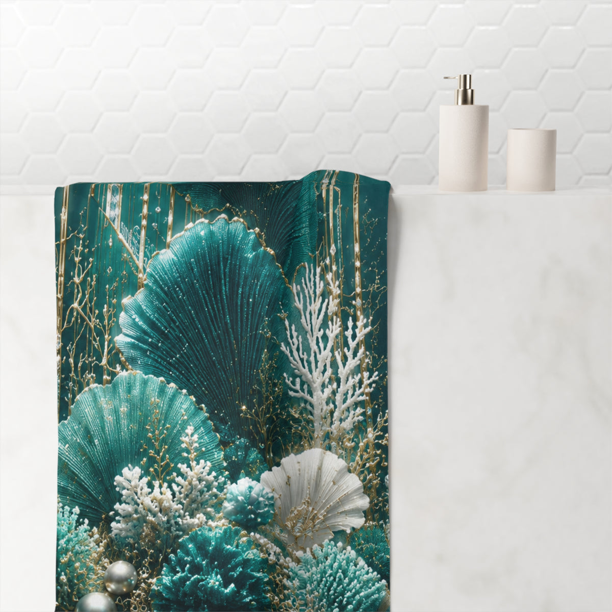 Ocean Teal Seashell Bath  Towel