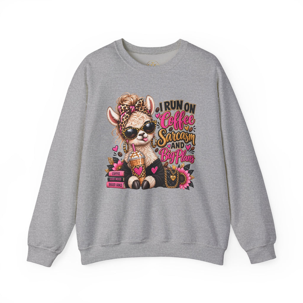 I Run on Coffee, Sarcasm & Big Plans Sweatshirt – Funny Coffee Llama Crewneck
