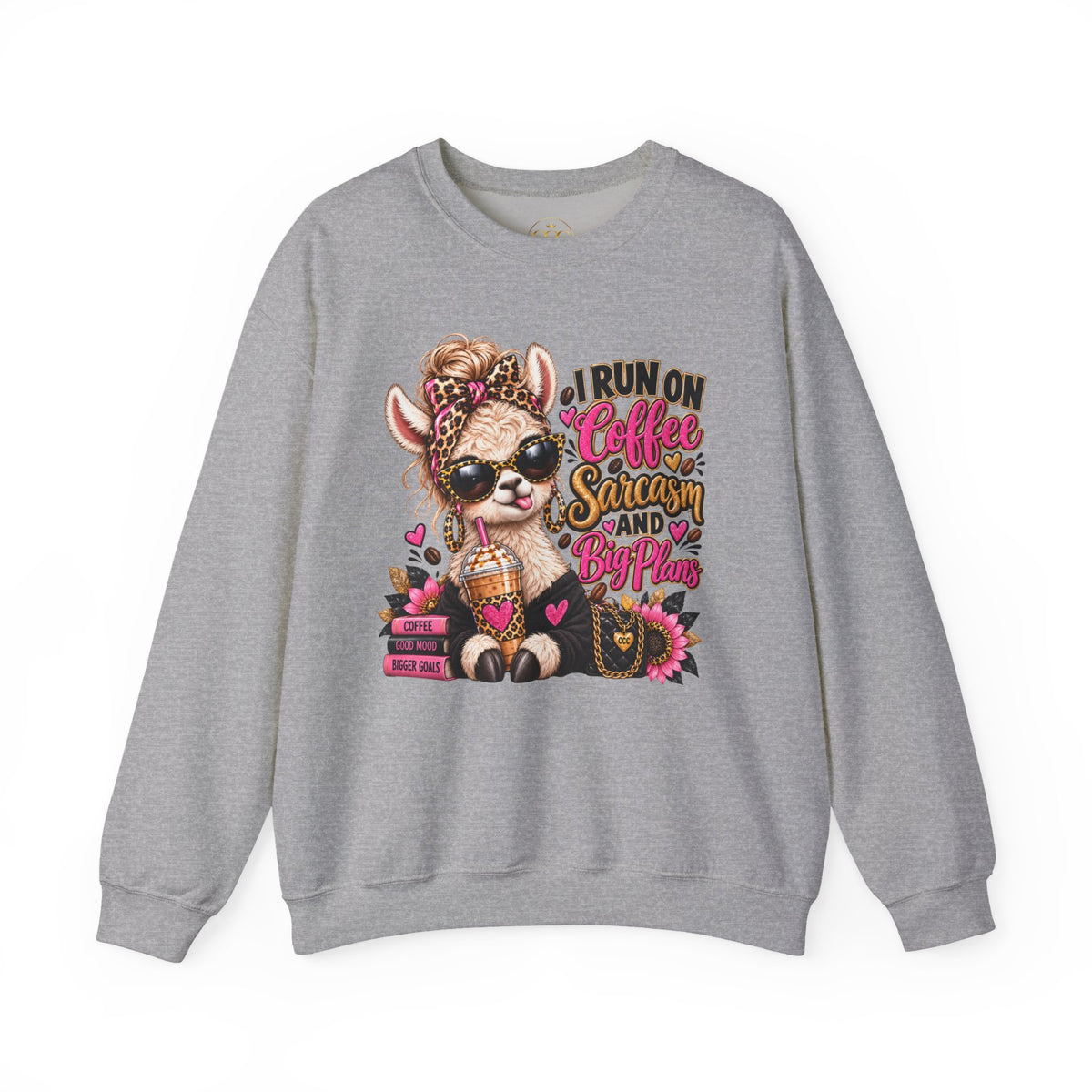 I Run on Coffee, Sarcasm & Big Plans Sweatshirt – Funny Coffee Llama Crewneck