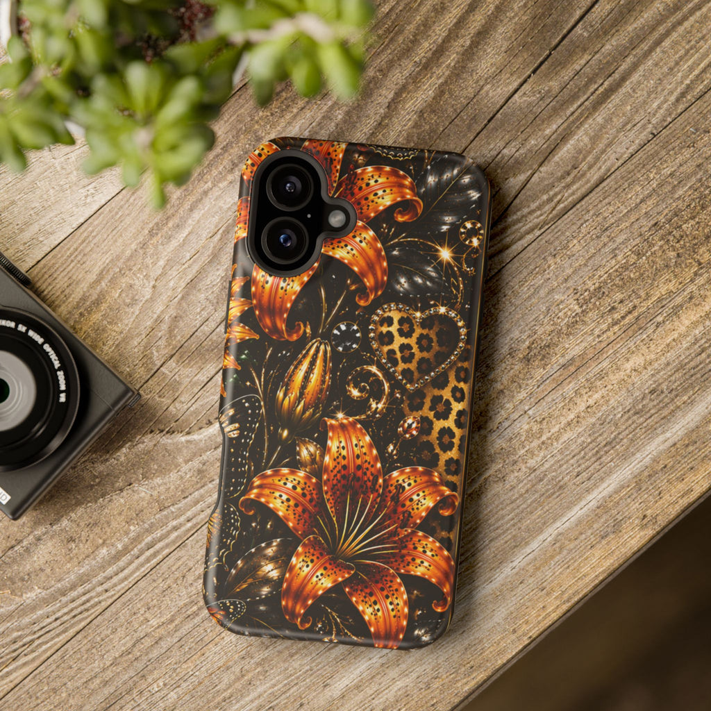 Floral Leopard Phone Case — Orange Lily Magnetic Impact-Resistant