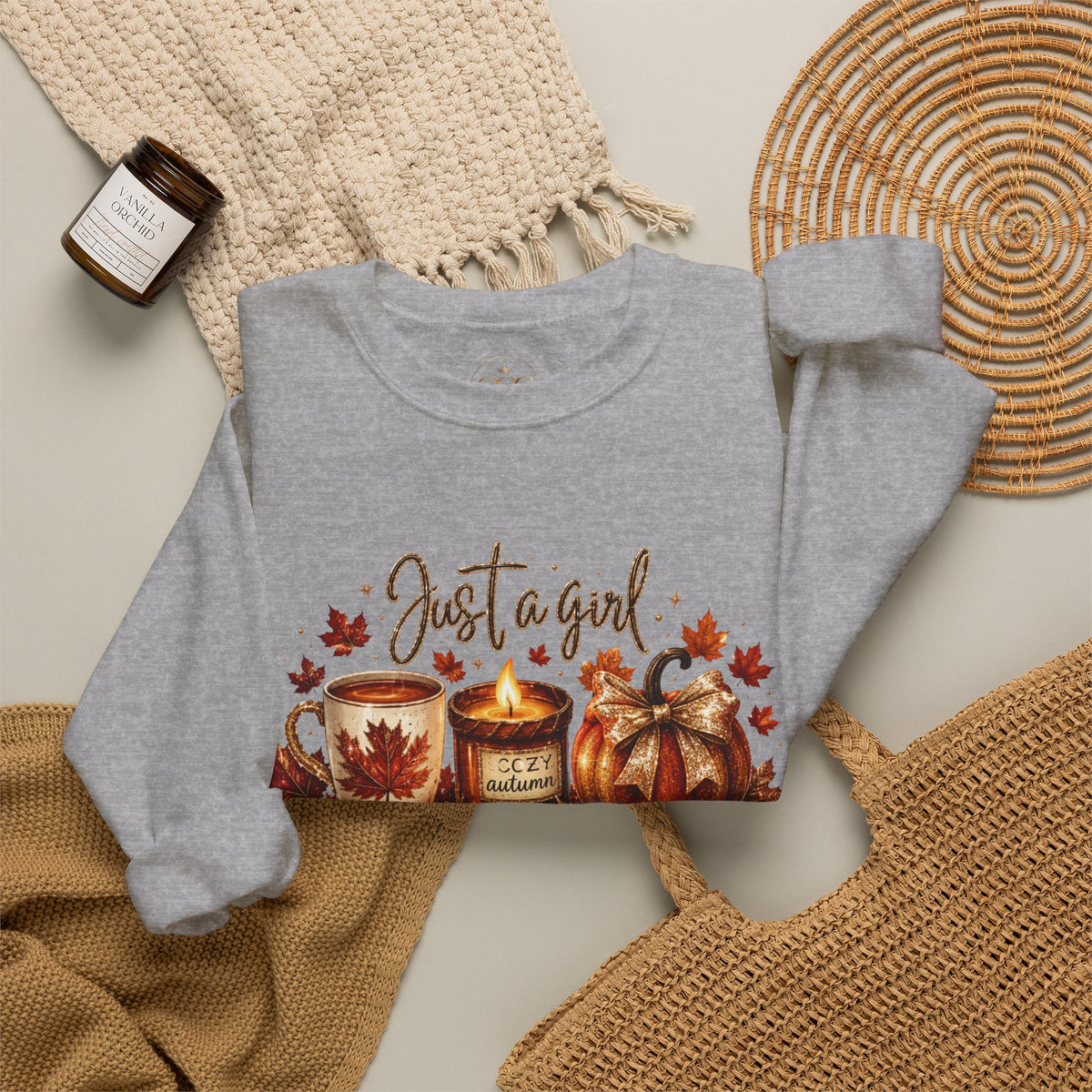 Fall Cozy Sweatshirt — "Just a Girl Who Loves Fall" Autumn Candle & Pumpkin Crewneck