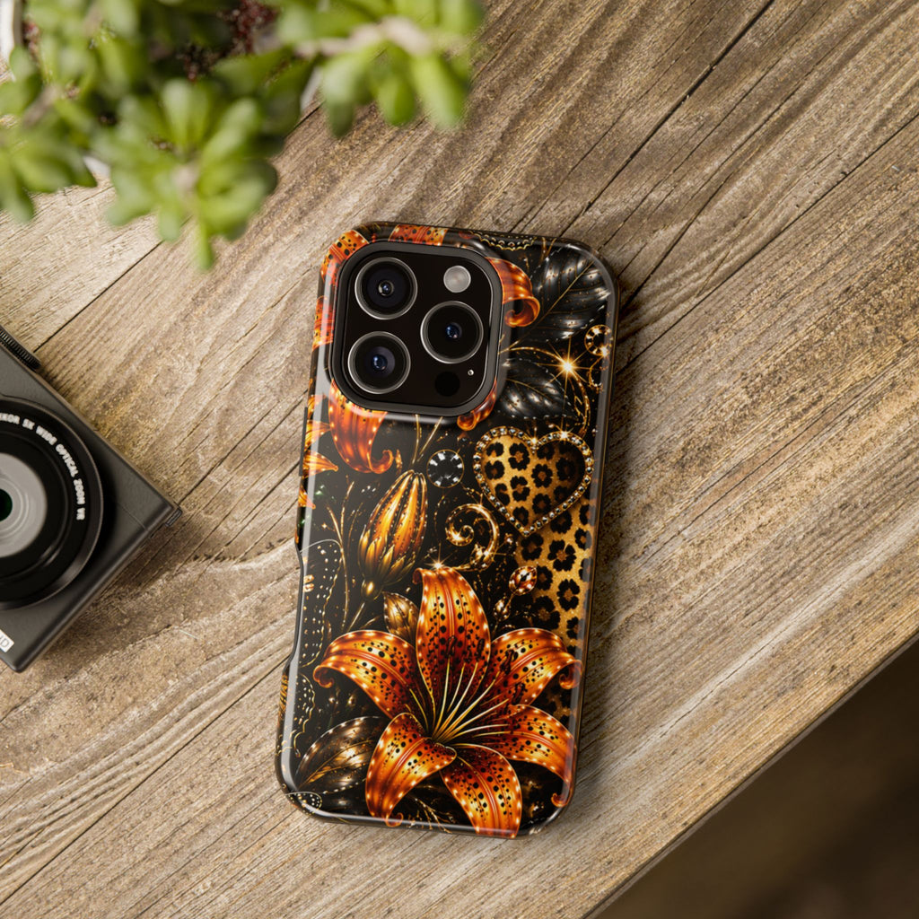 Floral Leopard Phone Case — Orange Lily Magnetic Impact-Resistant
