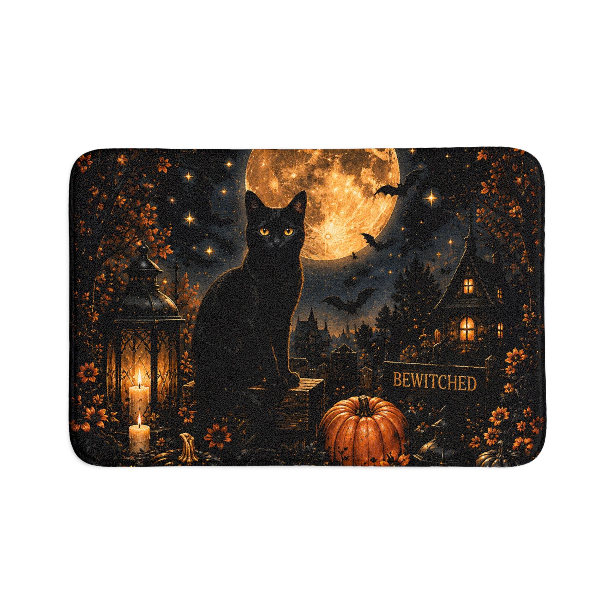 Midnight Halloween 3-Piece Bathroom Set | Black Cat Full Moon Gothic Bath Decor