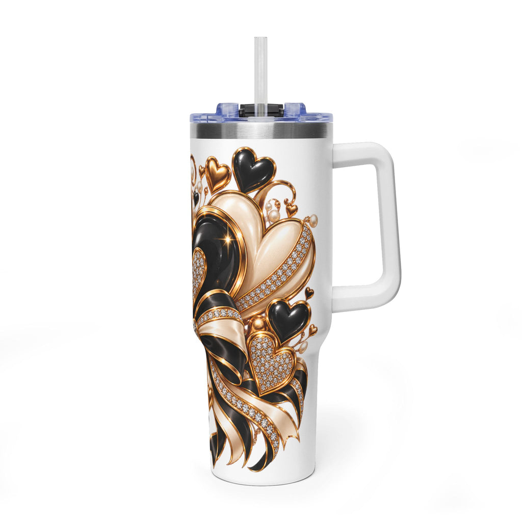 Luxury Hearts & Bows 40oz Tumbler | Black, Gold & Leopard Print Travel Cup