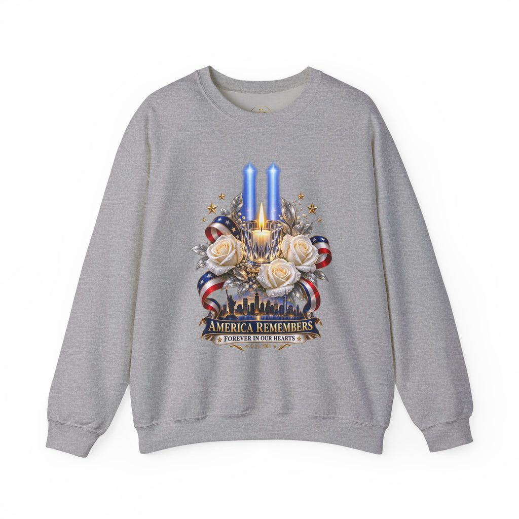 Womens — "America Remembers" 9/11 Tribute Design with Twin Beams & White Roses