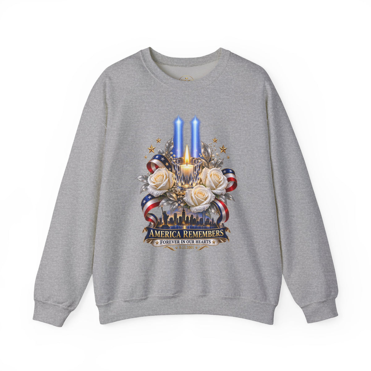 Womens — "America Remembers" 9/11 Tribute Design with Twin Beams & White Roses