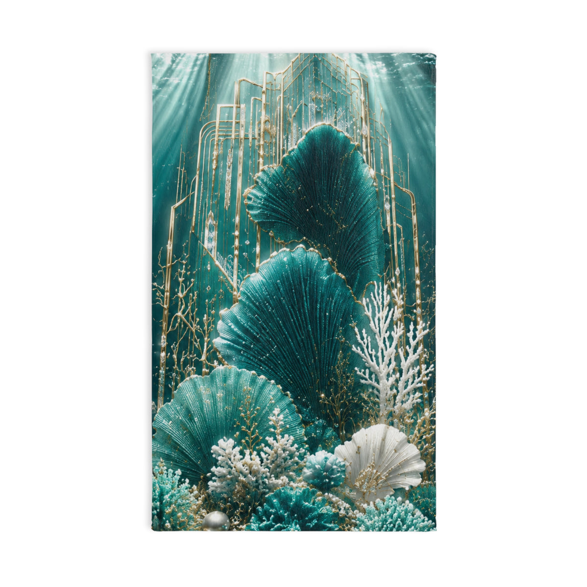 Teal Coral Reef Hand Towel — Ocean Seashell Coastal Bathroom Décor