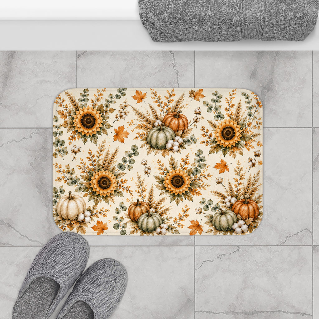 Autumn Harvest Bath Mat | Watercolor Pumpkin Sunflower Fall Bathroom Decor