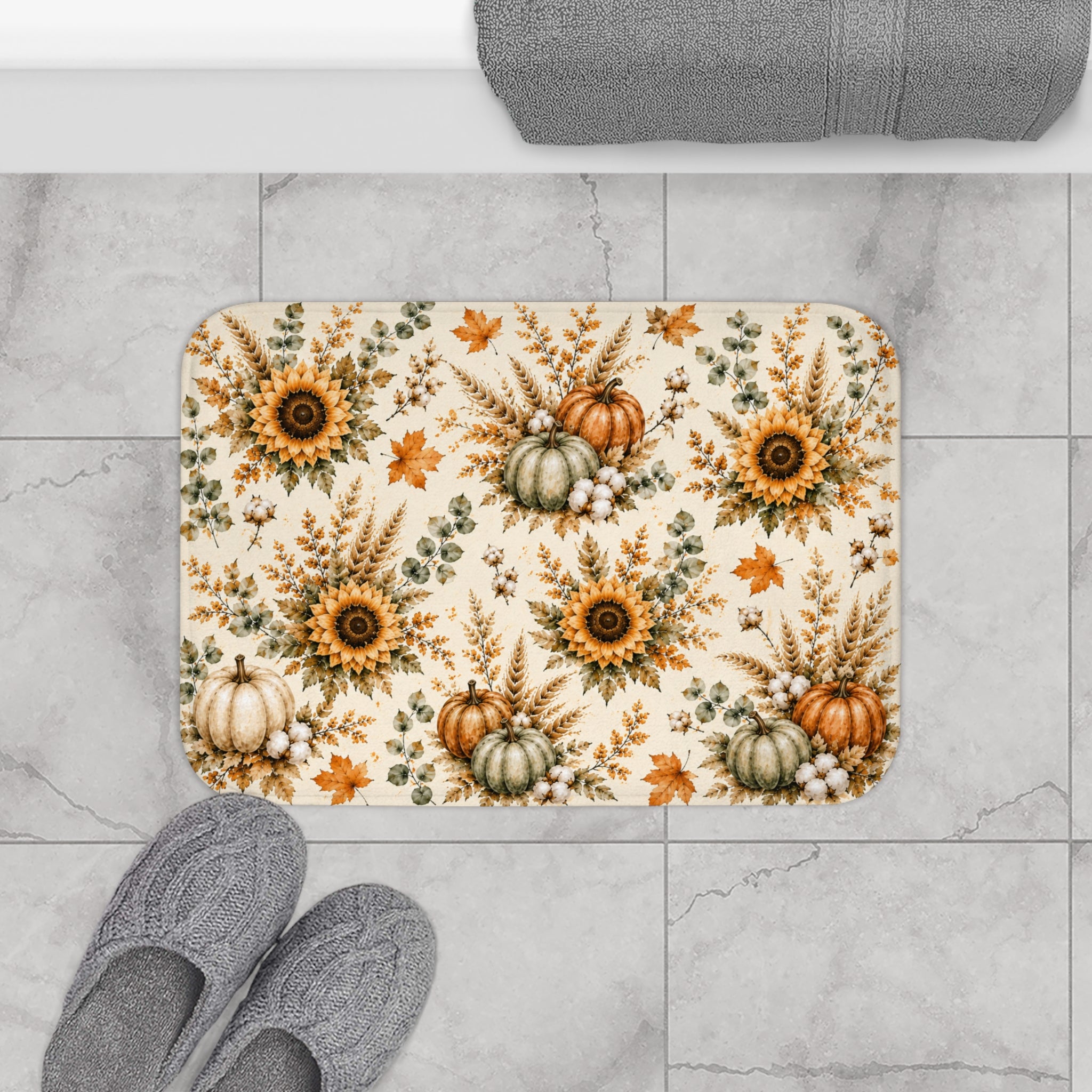 Autumn Harvest Bath Mat | Watercolor Pumpkin Sunflower Fall Bathroom Decor