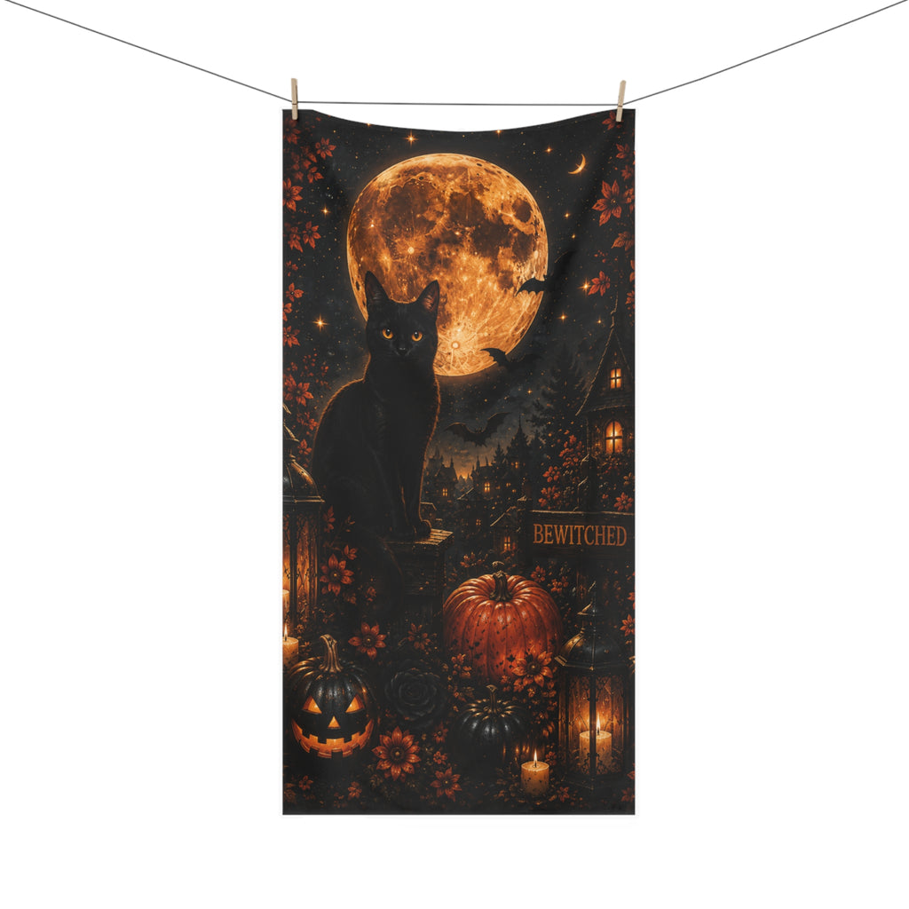 Midnight Halloween Bath Towel | Black Cat Full Moon Gothic Bath Decor