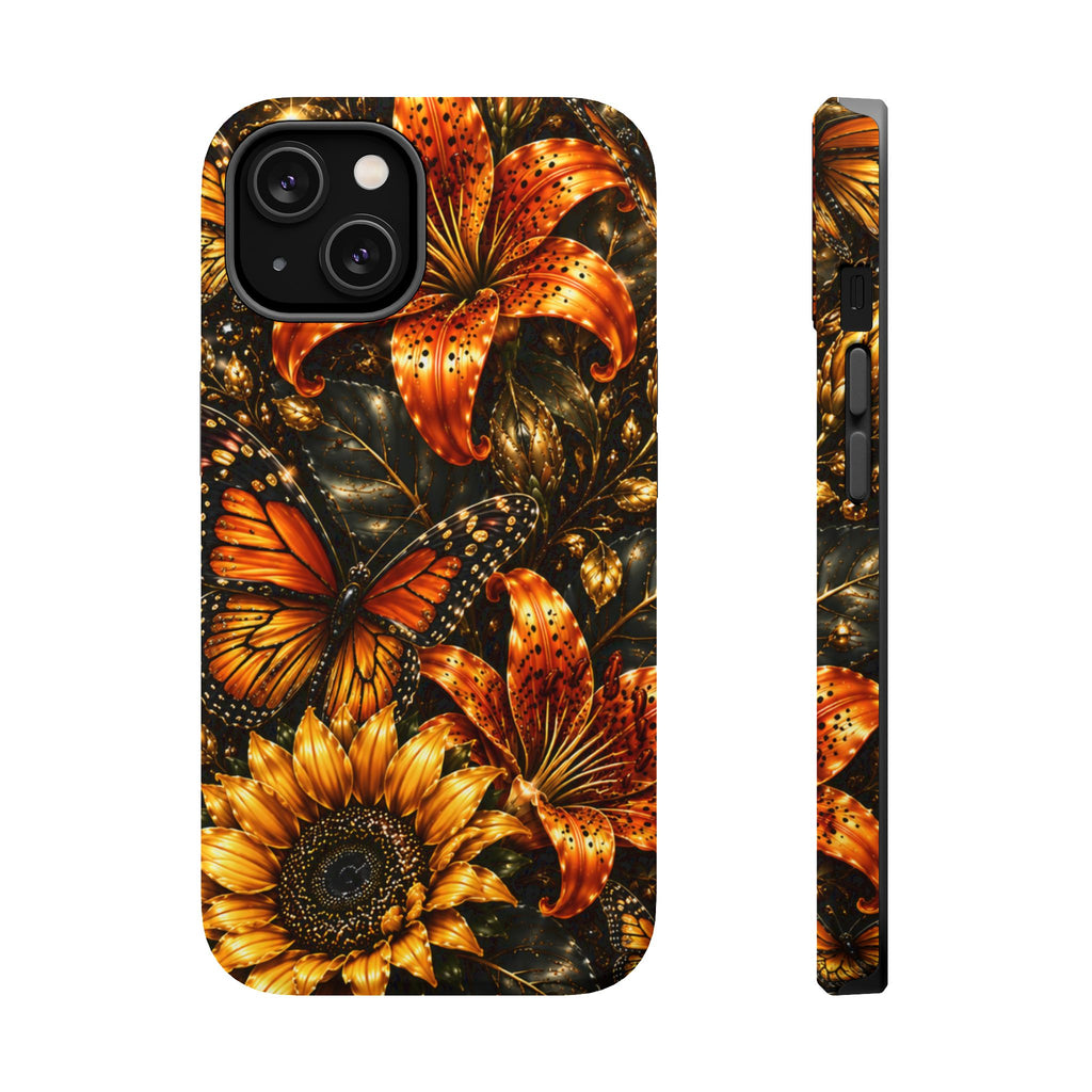 Floral Monarch Phone Case — Orange Sunflower & Butterfly Magnetic Impact-Resistant Case