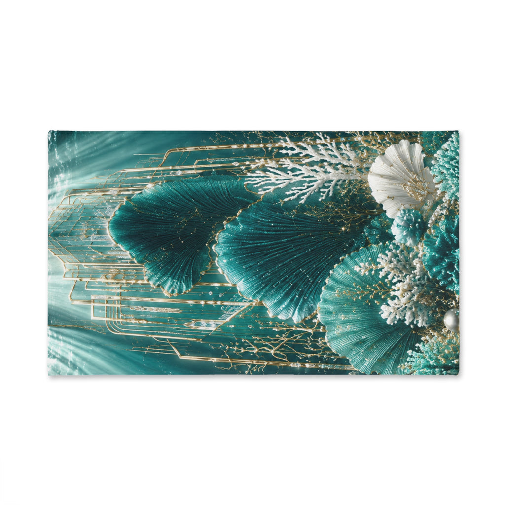 Teal Coral Reef Hand Towel — Ocean Seashell Coastal Bathroom Décor