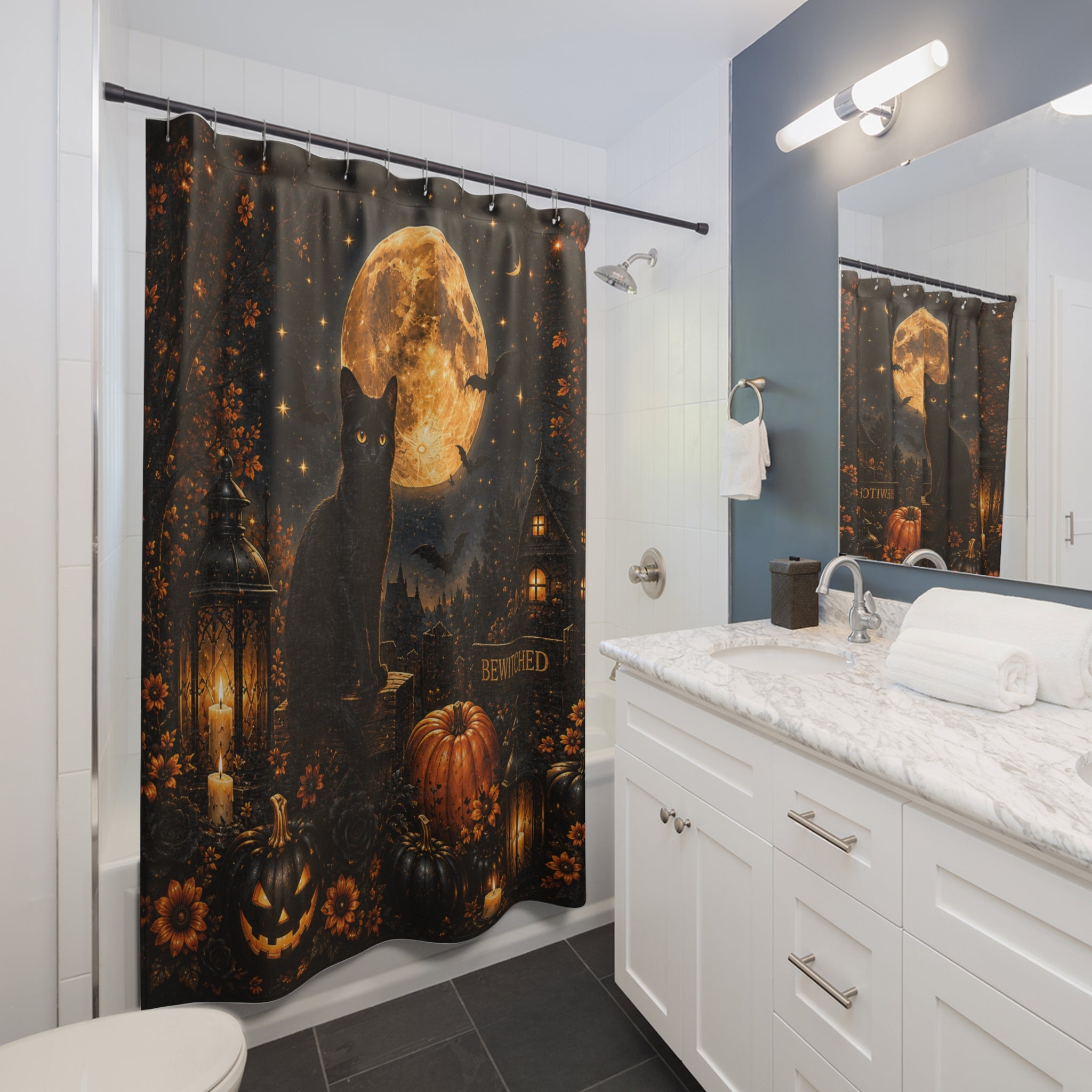 Midnight Halloween Shower Curtain | Black Cat Full Moon Gothic Bath Decor