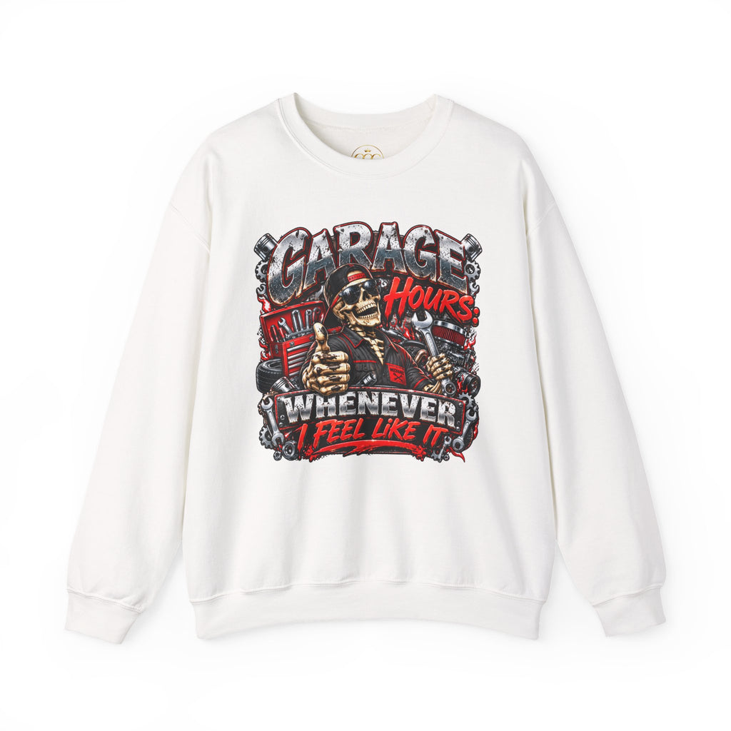 Garage Hours Crewneck Sweatshirt — "Garage Hours Whenever I Feel Like It" Mechanic Crew Pullover