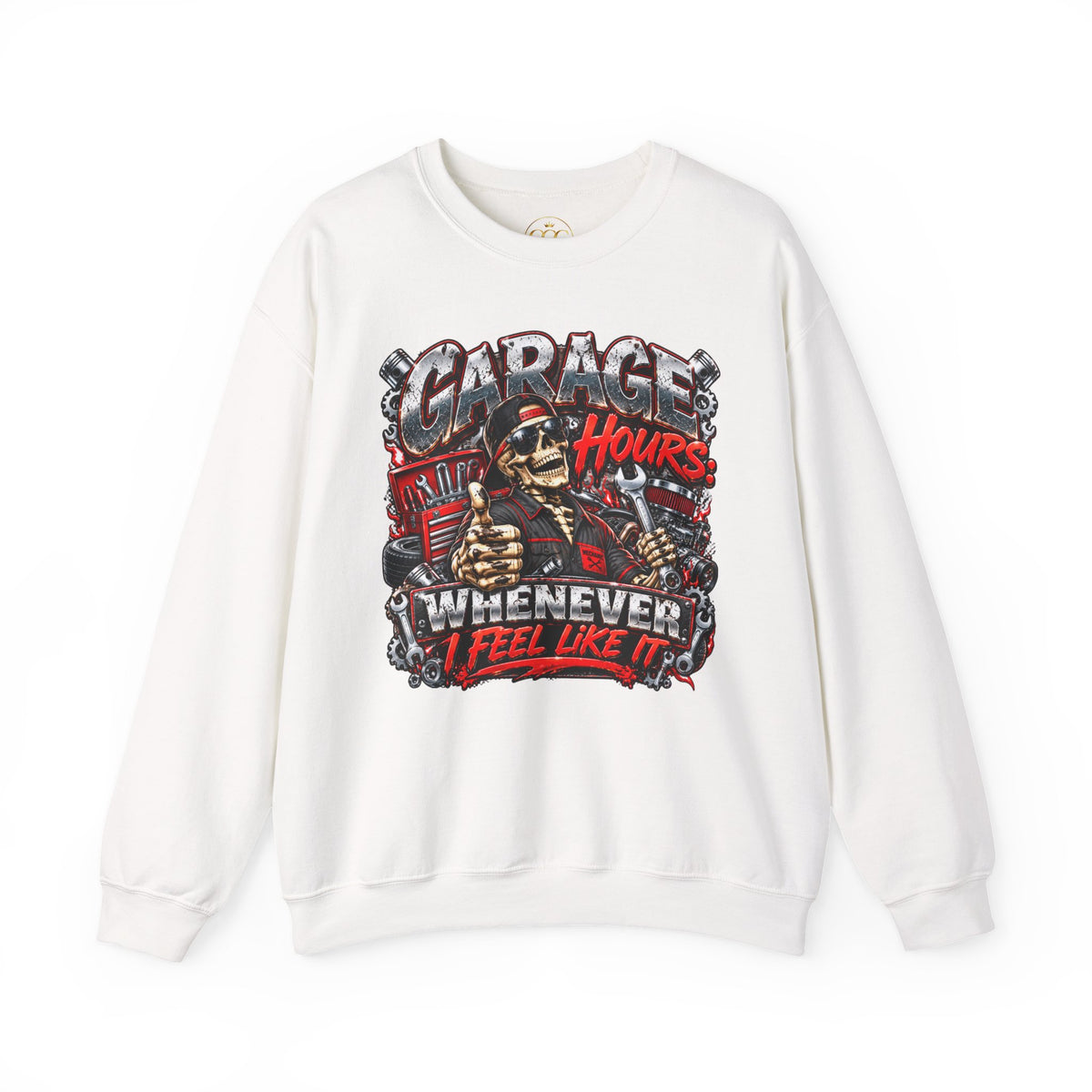 Garage Hours Crewneck Sweatshirt — "Garage Hours Whenever I Feel Like It" Mechanic Crew Pullover