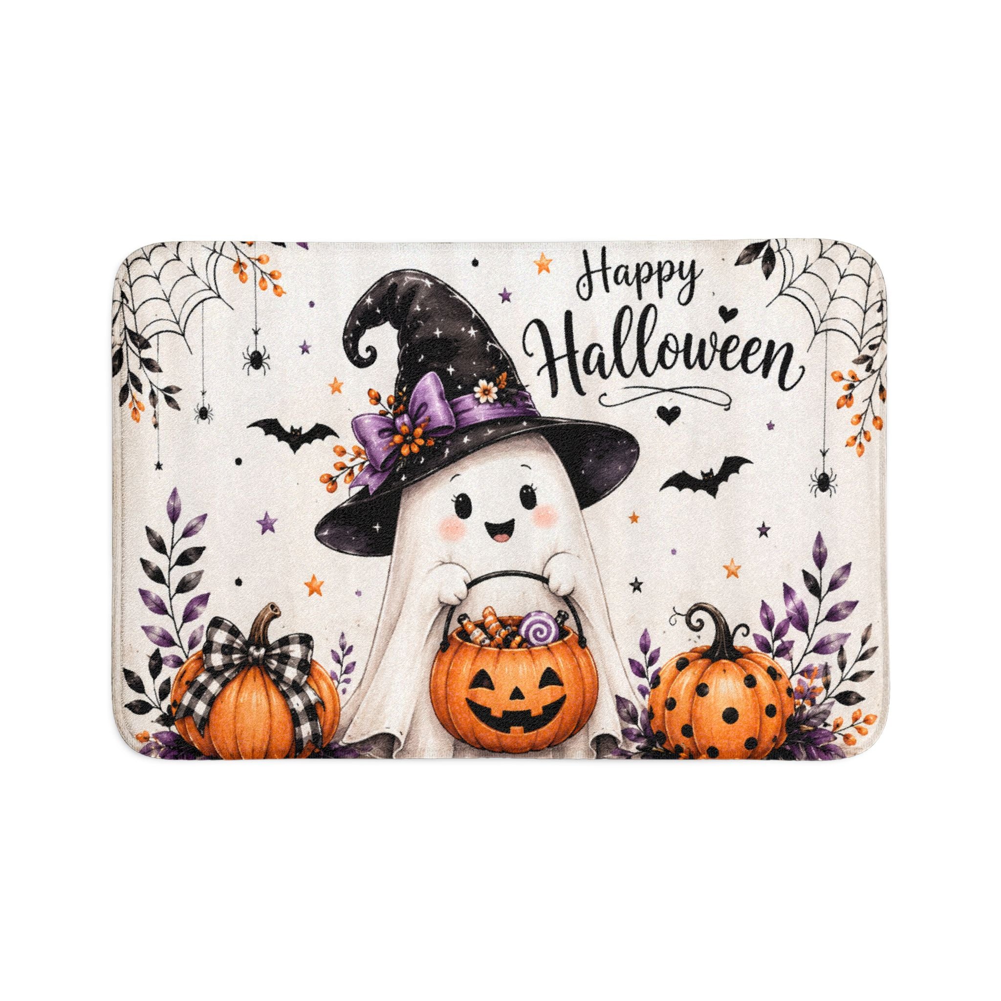 Happy Halloween Ghost 3-Piece Bathroom Set | Bath Mat, Contour Mat & Toilet Lid Cover