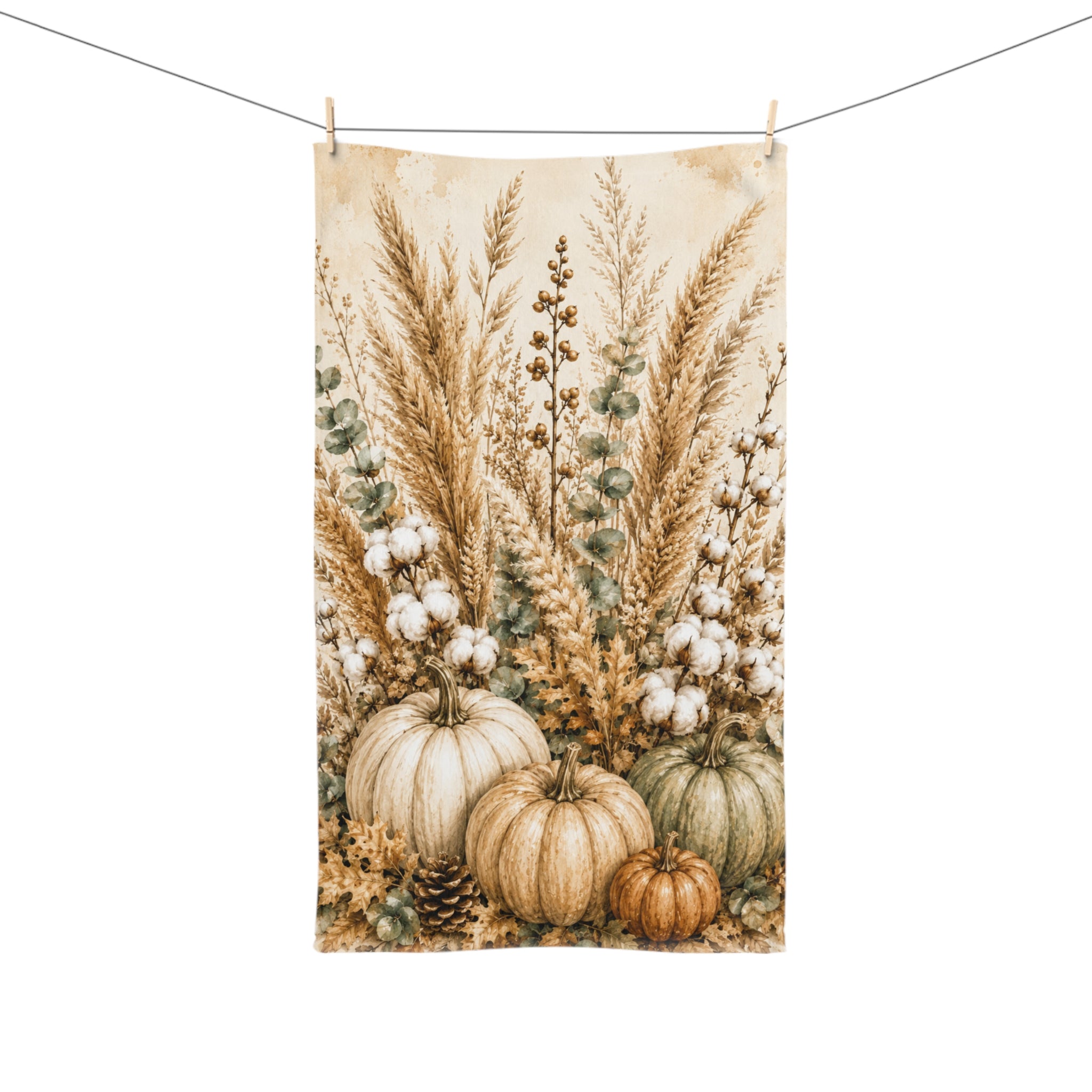 Autumn Harvest Hand Towel | Pampas Grass & Pumpkin Botanical Fall Bathroom Decor