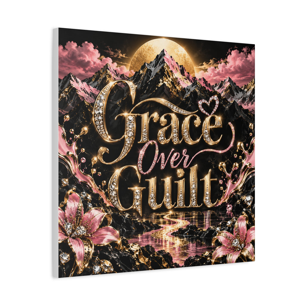 Grace Over Guilt™ Luxury Mountain Wall Art Canvas | Black, Gold & Pink Inspirational Home Décor